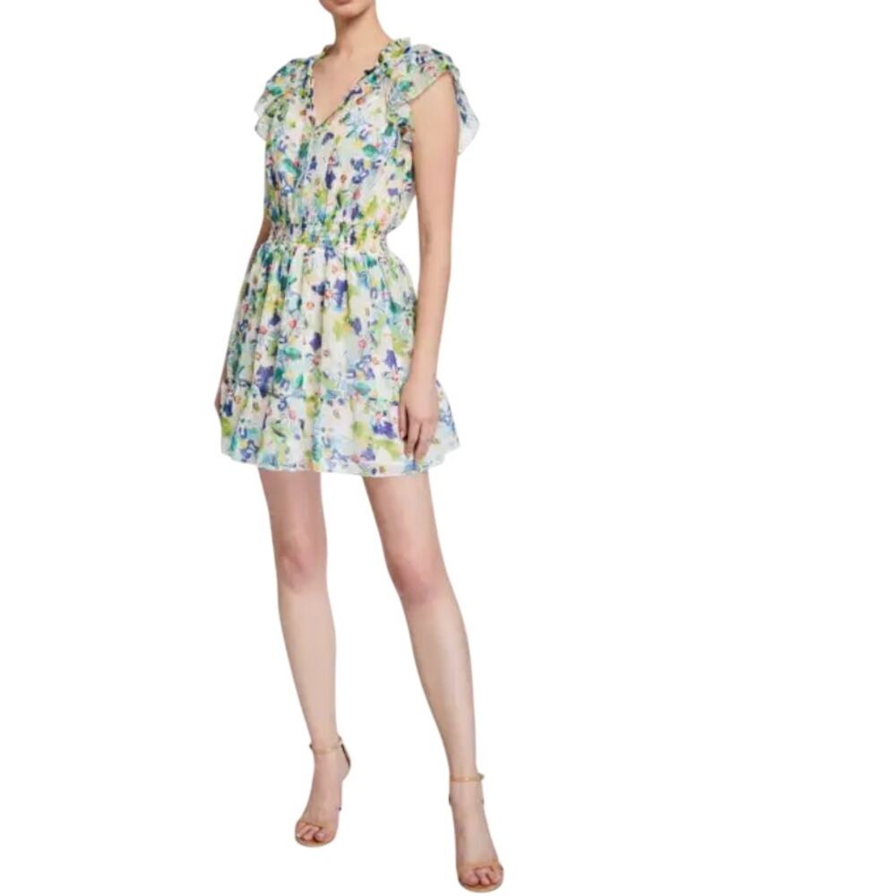 Shoshanna Amine Printed Smock-Waist Mini Dress Watercolor Floral Swiss Dot Small